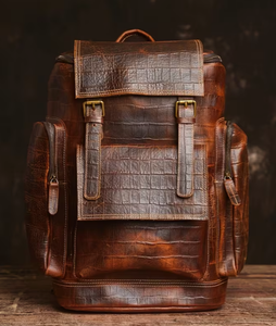 Mochila de cuero vintage con patrón de cocodrilo marrón, de gran capacidad, con cremallera, para hombre, para viajes y negocios. - Product Image 2