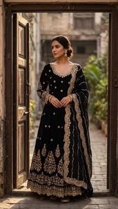 Robe longue noire en faux georgette brodée de sequins avec dupatta, tenue traditionnelle indienne pour femme, idéale pour les fêtes et mariages - Product Image 1