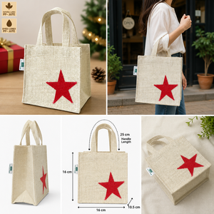 Bolsa de Regalo de Yute Navideña Personalizada, Bolsa de Mano Roja con Estrella de Lurex, 16x16x10.5 cm, Reutilizable, Venta al por Mayor, Fabricante OEM ODM, Exportador de Marca Privada - Product Image 3