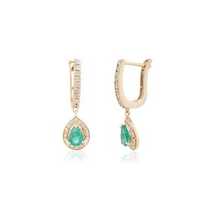 Wholesale Gorgeous Zambian <b>Emerald</b> & Diamond Fine Halo Hoop <b>Drop</b> <b>Earrings</b> Bridesmaids Gift 14K Real Yellow Gold Jewelry - Product Image 3