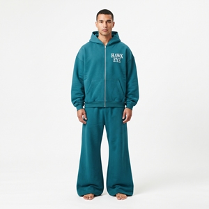 Men's Relaxed Fit Drop Shoulder Full Zip Tracksuit Two Piece Set <b>Wide</b> <b>Leg</b> <b>Jogger</b> 100% Cotton Fleece Custom Logo - Product Image 5