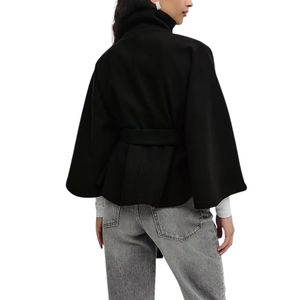Manteau cape à manches chauve-souris pour femme, en mélange de laine, col montant, ceinturé, épais, pour l'automne et l'hiver - Product Image 3