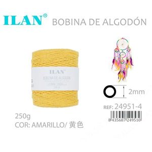 Cordón de algodón Ilan de 2 mm, amarillo, bobina de 250 g para manualidades - Product Image 3