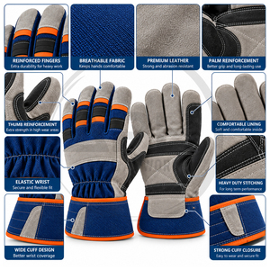 Grey Cow Split Leather Rigger Gloves Reinforced Palm Patch Blue Fabric Back Orange Piping Rubberized Cuff <b>Builder</b> Work Gloves - Product Image 6
