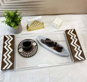 Haute qualité carré fait à la main Style arabe nacre incrustation Acacia manche en bois décoratif métal acrylique plateau de service maison - Product Image 1