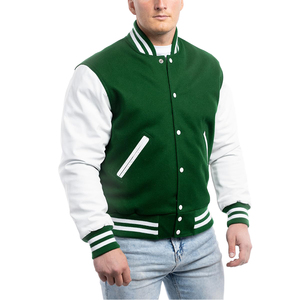 <b>Men's</b> Green And <b>White</b> Varsity <b>Jacket</b> With Button Closure Regular Fit Preppy Style Cotton Shell Polyester Lining <b>Men's</b> Tracksuits - Product Image 1