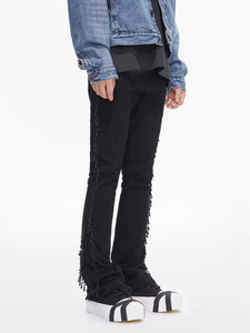 Jean en denim pour homme de haute qualité en coton, marque américaine Highstreet, confortable, taille mi-haute, coupe évasée, avec pompons et perles, délavage noir - Product Image 5