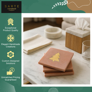 Best Quality India Made Home and Office Use Square Drink Pads Handcrafted Pink <b>Marble</b> <b>Coasters</b> with Brass Christmas Tree - Product Image 5