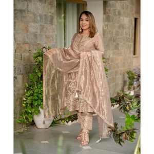 Ensemble de costume de fête pour femme NF, beige, broderie lourde, travail de séquence, avec travail de paillettes élégant - Product Image 3