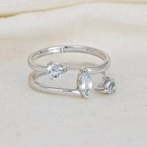 Aquamarine <b>Ring</b> <b>Adjustable</b> <b>Sterling</b> <b>Silver</b> Marquise Gemstone Jewelry For Women - Product Image 5