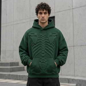 Sudadera con Capucha Oversize para Hombre, Verde Oscuro, con Relieve, 100% Algodón, para Invierno, Estilo Urbano, con Bolsillo Frontal con Logotipo, 2 Piezas - Product Image 4