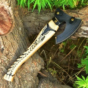 Handmade Industrial Viking Bearded <b>Axe</b> Engraved Carbon Steel Head Carved Ash <b>Wood</b> Handle Full Tang Bushcraft Hatchet DIY - Product Image 4