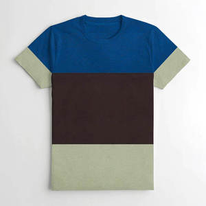 T-shirt décontracté d'été pour homme en coton à col rond et manches courtes, color block bleu, noir et beige, personnalisable avec logo, OEM, ODM, vente en gros de vêtements - Product Image 2