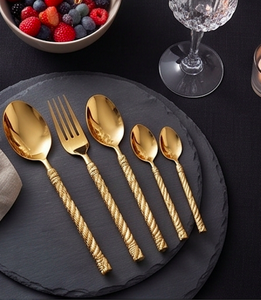 Ensemble de couverts plaqués or, 5 pièces, avec poignée en forme de corde, style glamour, passe au lave-vaisselle, pour utilisation sur table de mariage - Product Image 3