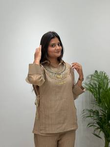 <b>Women's</b> Beige <b>Linen</b> Kurta <b>Set</b> With Embroidered Neck Loose Fit Ankle-Length Traditional Casual Wear India Pakistan Style - Product Image 4