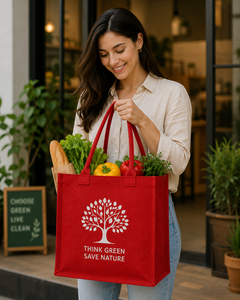 Red Jute Shopping Bag <b>Think</b> Green Save Nature Tree Design Medium Size Hand Carry Tote Bag - Product Image 4