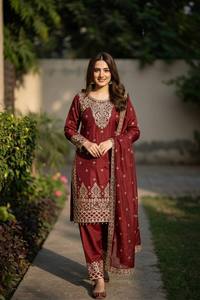 Ensemble élégant pour femme, haut et bas brodés, avec dupatta, tenue ethnique indienne tendance en 3 pièces, costume de créateur pour mariage et fête - Product Image 5