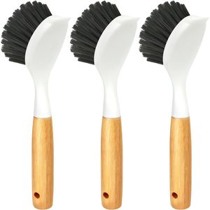 Lot de 3 brosses-racloirs en fonte avec manche en bambou, poils en nylon robustes, nettoyant de cuisine, éponges et tampons à récurer pour poêles - Product Image 1