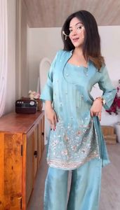 Women Glass Roman Fabric <b>Kurti</b> Pant Set with Embroidery Sequence Work Trendy Ethnic Outfit for Festive and Casual Wear - Product Image 5