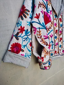 <b>White</b> Multicolor Floral TNT Cotton Suzani Embroidered Boho <b>Jacket</b> with Striped Lining Open Front Artisan <b>jacket</b> - Product Image 5