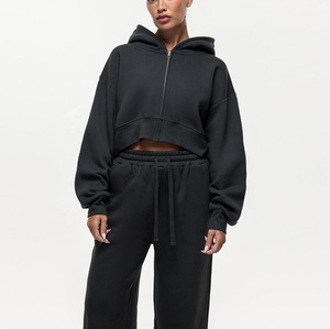 Women Oversized Hooded <b>Zipper</b> Sweatshirt Full Sleeve Solid Color Crop Top Cotton Fleece Hoodie Autumn Casual Wear - Product Image 1