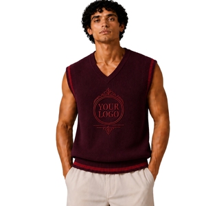 Chaleco de Punto para Hombre, Color Borgoña con Contraste Rojo, Cuello en V, Sin Mangas, Personalizable con Logotipo, Lana Acrílica, Venta al Por Mayor OEM - Product Image 1