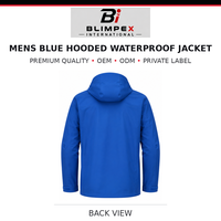 Blouson Bomber Homme Blimpex International Bleu à Capuche Imperméable Respirant en Tissu Tricoté Décontracté avec Fermeture Éclair et Logo sur le Devant en Toile Enduite PU