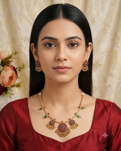 Parure de bijoux de temple délicate à motif floral artisanal, collier de créateur avec boucles d'oreilles pendantes assorties, fournisseur de bijoux pour occasions festives - Product Image 5
