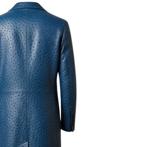 Manteau long élégant bleu en cuir de vachette gaufré effet autruche, col rabattu, artisanat de qualité supérieure, motif tendance, look décontracté, best-seller - Product Image 2