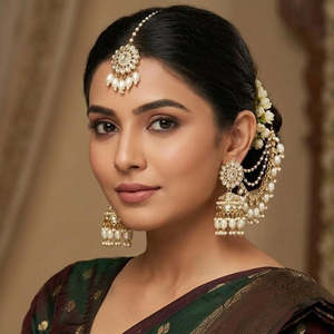 Boucles d'oreilles Jhumki élégantes en pierres Kundan et perles avec Maangtikka, bijoux en perles - 10575458GR - Product Image 1