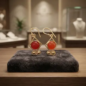 Pendientes de Latón con Piedra Roja, Joyería Étnica Hecha a Mano con Gemas para Compradores Mayoristas - Product Image 4