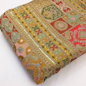 Embroidered Brocade Fabric with <b>Sequin</b> and Metallic Thread Heavyweight Cushion Material in <b>Red</b> Pink Green and Gold Patterns - Product Image 2