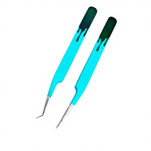 Producto de moda: Pinzas para extensión de pestañas recubiertas de papel azul y negro y pinzas con punta plateada brillante, juego de 2 pinzas de puntas diferentes. - Product Image 2