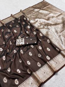 Sari en soie Banarasi pure marron avec broderie Zari, sari traditionnel avec motif de bordure pour les mariages et les festivals, sari pour femmes - Product Image 4