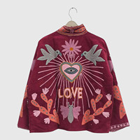 Veste à col mandarin brodée à la main avec motifs floraux, manches longues, taille plus, vêtements d'automne pour adultes, en coton corduroy