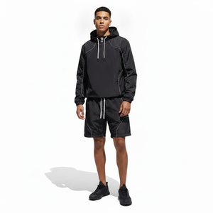 Ensemble de survêtement ADH noir à capuche avec fermeture éclair, manches longues, short léger en polyester, streetwear, vêtements d'été - Product Image 3