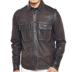 Chemise en cuir noir pour homme, manches longues, col rabattu, couleur unie, style vêtements de travail, tenue d'automne - Product Image 1