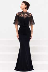 Black Elegant Women's Party Wear <b>Fringe</b> <b>Dress</b> with Floral Lace Neck Design Women's Gold Beaded <b>Fringe</b> Capelet with High Neck for - Product Image 4