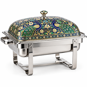 Recipiente para Calentar Comida Rectangular de Acero Inoxidable, Ecológico y Duradero, con Tapa de Cúpula con Diseño de Pavo Real en Meenakari, 24 cm de Diámetro - Product Image 1