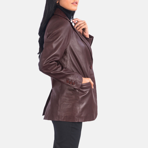 Chaquetas Elegantes al por Mayor para Mujer, Blazer de Cuero Genuino de Alta Calidad Color Granate, Colores con Logotipo Personalizado OEM, Cierre de un Solo Botón - Product Image 4
