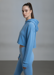 Women's Cropped Hoodie Blue Letter Print Sweatshirt Regular Sleeve Knitted Cotton Autumn Wear - Product Image 3