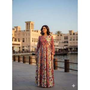 เดรสยาวลายดอกไม้สไตล์โบฮีเมียนสำหรับผู้หญิง แขนยาว คอวี ทรงหลวม สไตล์ชาติพันธุ์ - Product Image 1