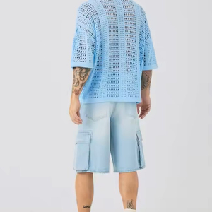 Shorts en jean décontractés pour hommes, taille mi-haute élastique, coupe ample en coton, longueur genou, bleu délavé, pour l'été et le quotidien - Product Image 2