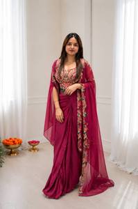 Ensemble Anarkali brodé bordeaux avec Lehenga floral et Dupatta – Robe de mariée indienne en coton extensible infroissable pour les fêtes - Product Image 2