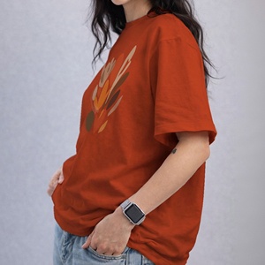Fashionable Women's Orange Floral Print Crew Neck <b>T</b>-<b>Shirt</b> Loose Fit Short Sleeve Casual Jersey Cotton Top - Product Image 3