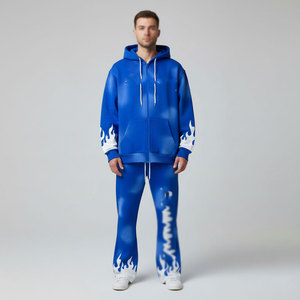 Chándal de algodón 100% para hombre con capucha, estampado de llamas azules/animal, largo completo, corte regular, estilo urbano, informal de primavera con cremallera - Product Image 1