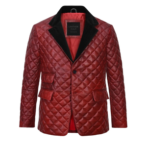 <b>Leather</b> Cult <b>Men's</b> Red Quilted Genuine <b>Leather</b> <b>Blazer</b> Single Button Satin Lapel Jacket - Product Image 1