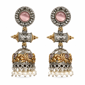 Boucles d'oreilles de mariage pour femme, plaqué argent antique, motif fleur Monalisa, sertissage bicolore, vente en gros, avec assurance commerciale |   Stock disponible, livraison rapide - Product Image 1