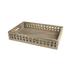 Bandeja de Servir Rectangular de Madera Natural de Alta Calidad, Hecha a Mano, con Acabado en Color Madera y Asas Talladas, para Compradores Mayoristas - Product Image 1