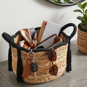 Cesta de almacenamiento de jacinto de agua natural con borlas negras, organizador de baño festoneado tejido a mano, contenedor con logotipo personalizado, venta al por mayor - Product Image 5